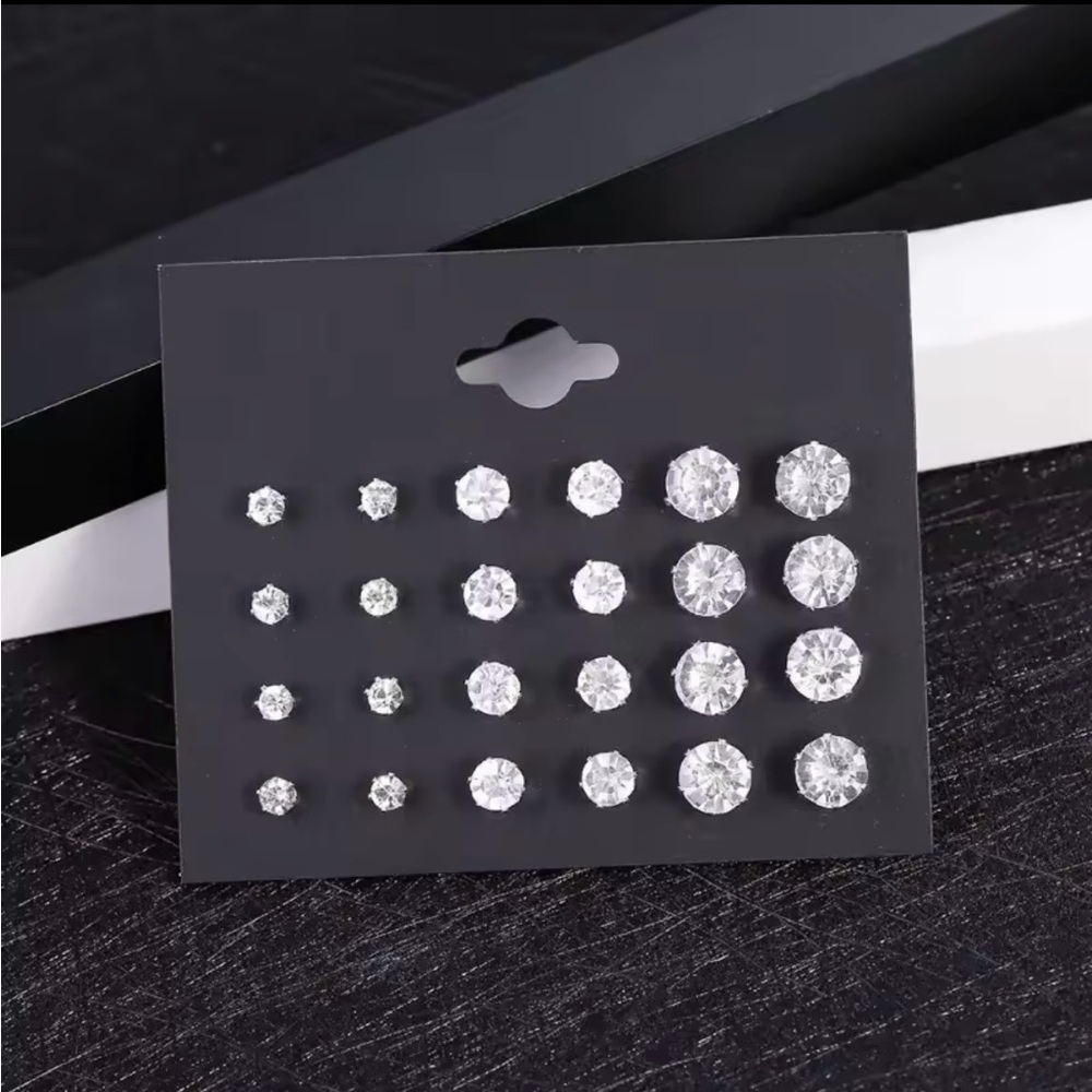 12-Pair White Crystal Stud Earrings Set – Unisex Wedding Jewelry